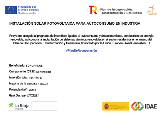 Documento que promueve la instalación de energía solar fotovoltaica para autoconsumo en la industria, financiada por el Plan de Recuperación de la UE.