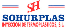 Logotipo para Sohurplas, con letras "SH" rojas sobre texto azul "SOHURPLAS" e "INYECCION DE TERMOPLASTICOS, SL".