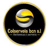 Logotipo de Colserveis BCN SL con emblema circular amarillo y plateado sobre fondo negro, texto &ldquo;Reformas i serveis&rdquo;