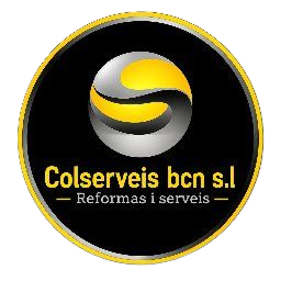Logotipo de Colserveis BCN SL con emblema circular amarillo y plateado sobre fondo negro, texto “Reformas i serveis”