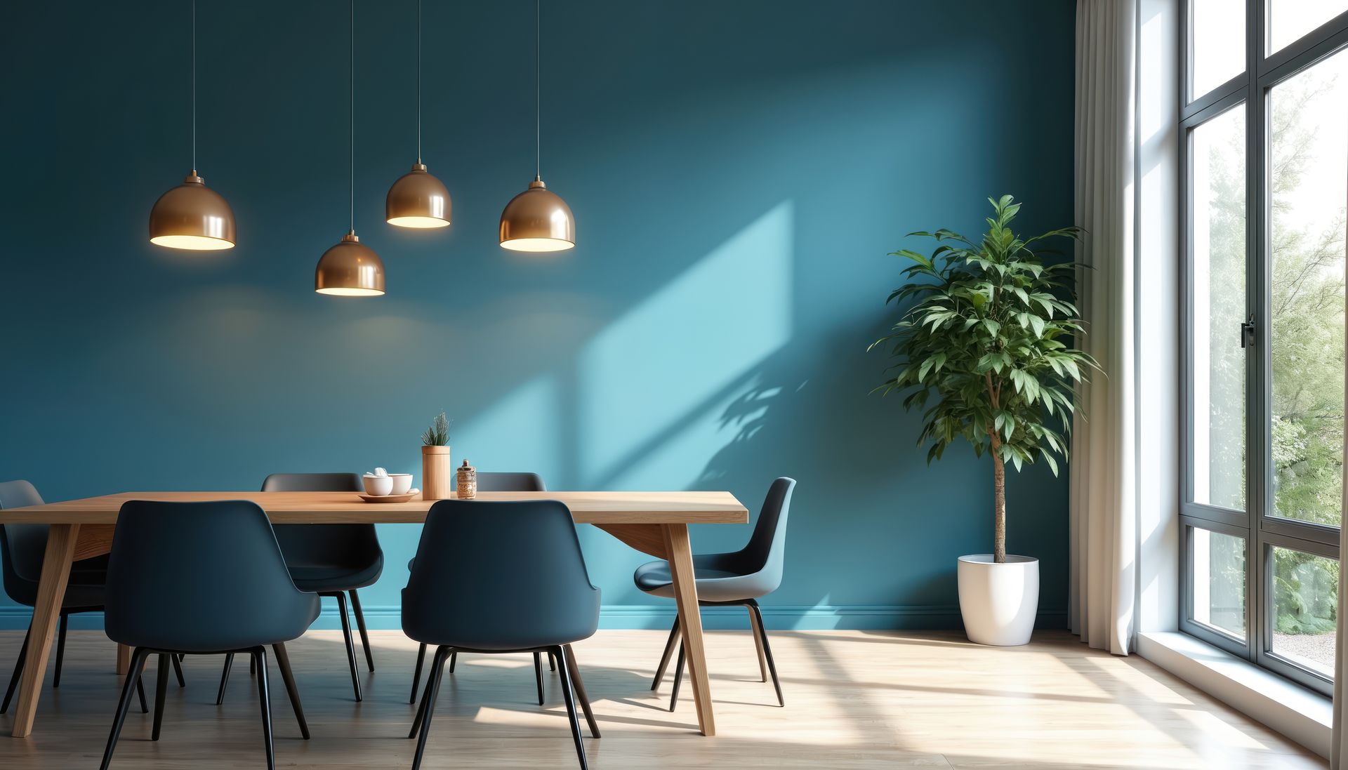 Une pièce de vie avec une table et un mur bleu.