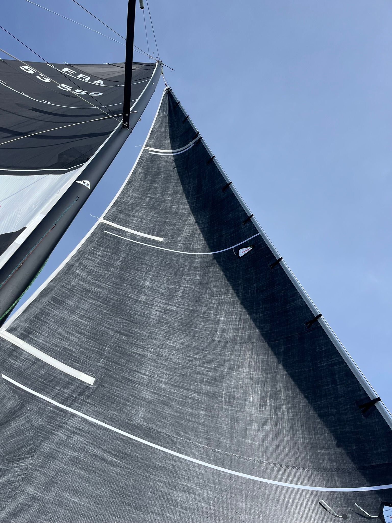 Un voilier fendant les vagues bleues et agitées de l'océan sous un ciel d'un bleu clair et lumineux, ses voiles blanches gonflées par le vent.