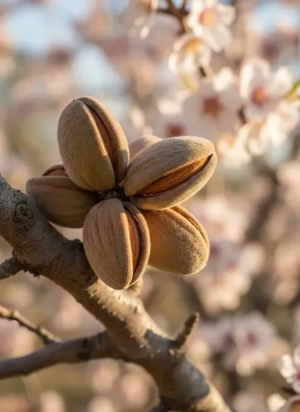 Primer plano de un racimo de pistachos en la rama de un árbol con flores rosas difuminadas al fondo.