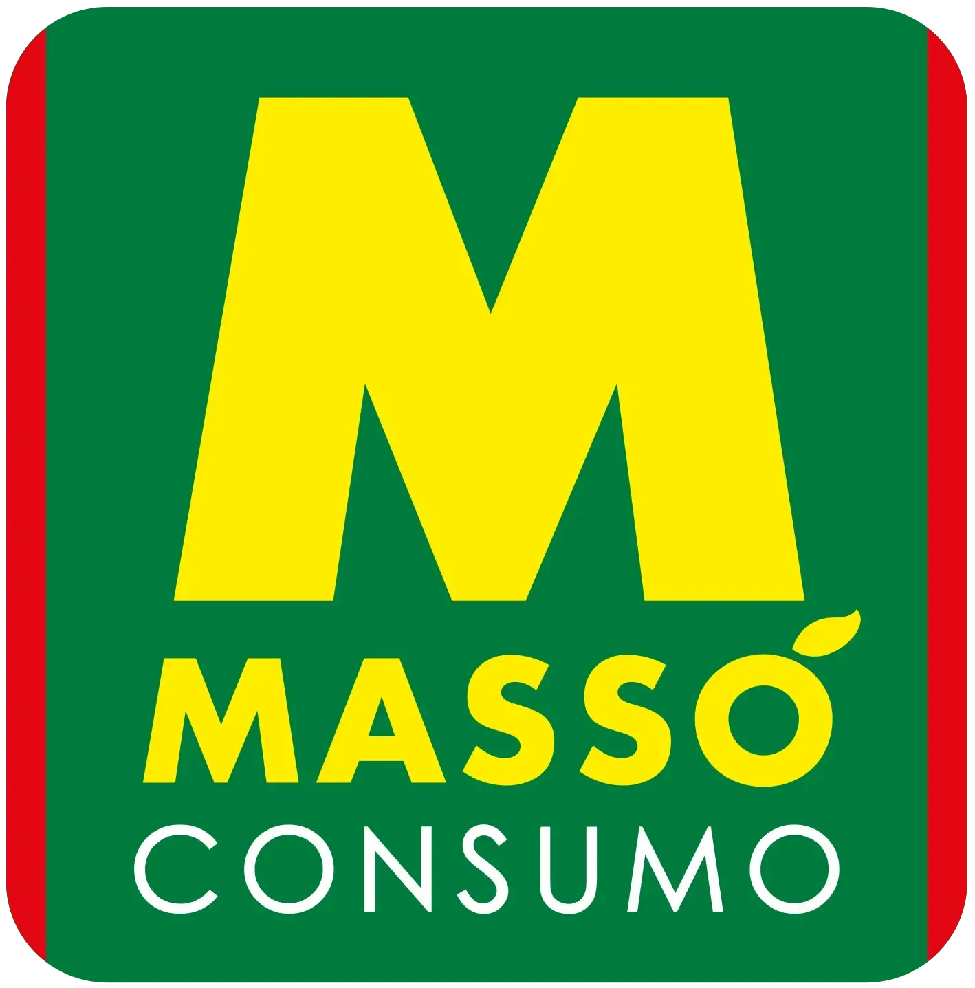 Logotipo de Massó Consumo con una M amarilla sobre fondo verde y borde rojo.