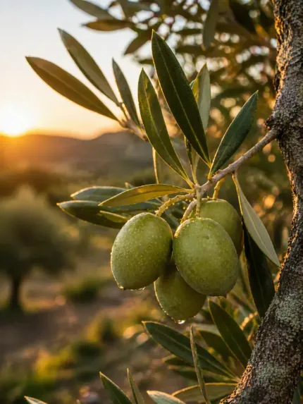 Rama de olivo con aceitunas verdes al atardecer en un huerto iluminado por el sol.