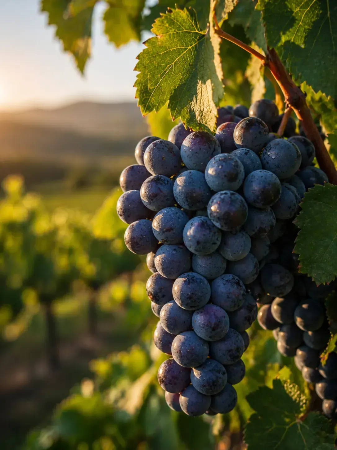 Un racimo de uvas de color púrpura oscuro cuelga de una vid en un viñedo bañado por el sol durante la hora dorada.