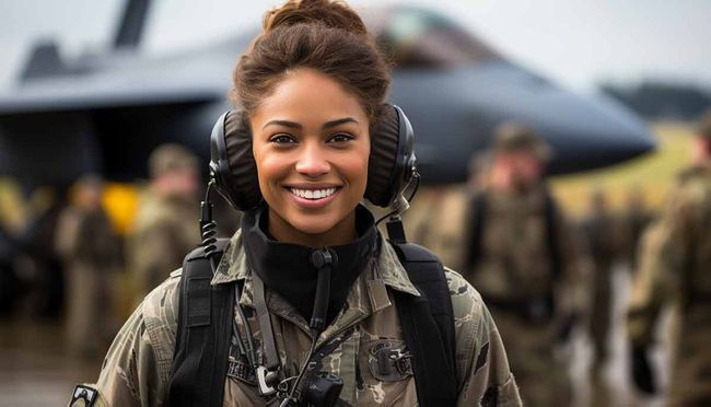 Eine Frau in Militäruniform trägt Kopfhörer und lächelt vor einem Flugzeug .