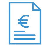 Ein blaues Symbol eines Blattes Papier mit einem Eurozeichen darauf.