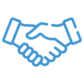 Ein blaues Symbol mit zwei einander schüttelnden Händen auf weißem Hintergrund.