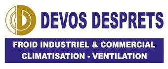 Logo for Devos Desprets. Gold logo with blue text: Froid Industriel & Commercial, Climatisation - Ventilation.