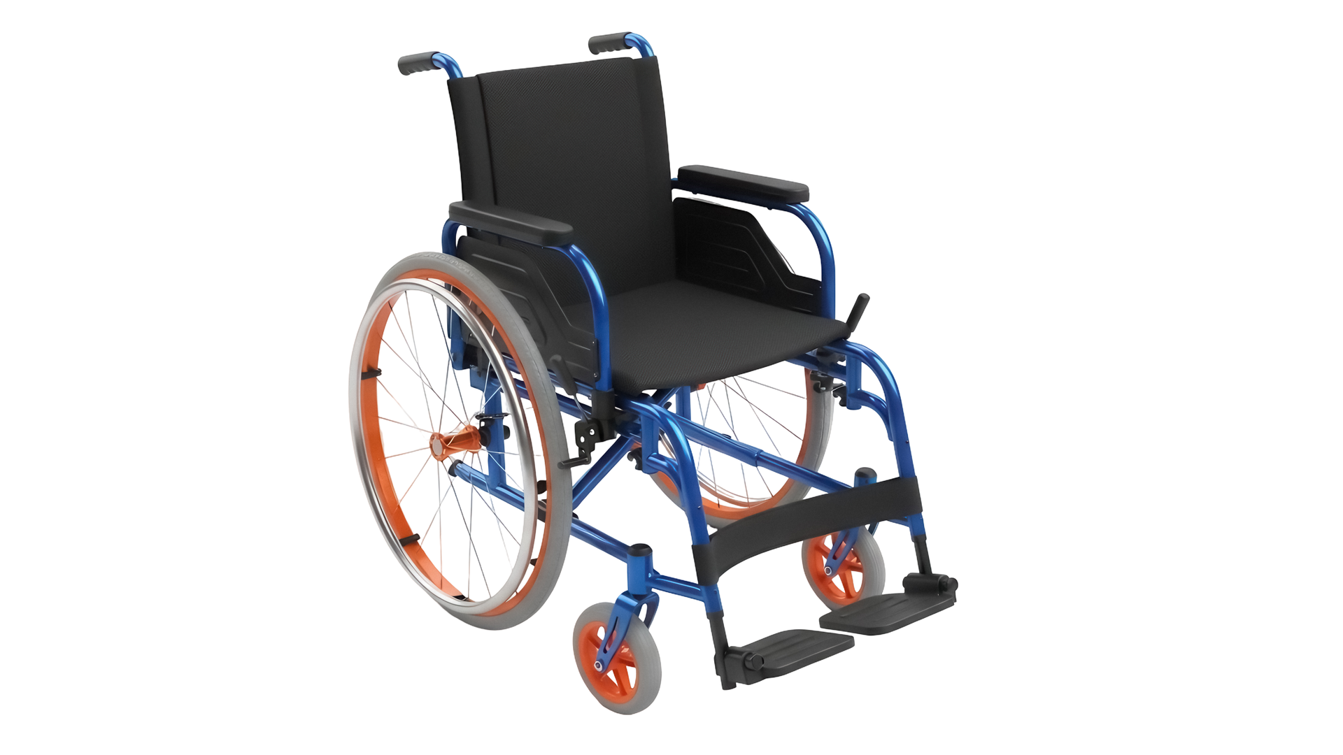 Fauteuil roulant bleu avec siège noir et grande roue arrière orange.