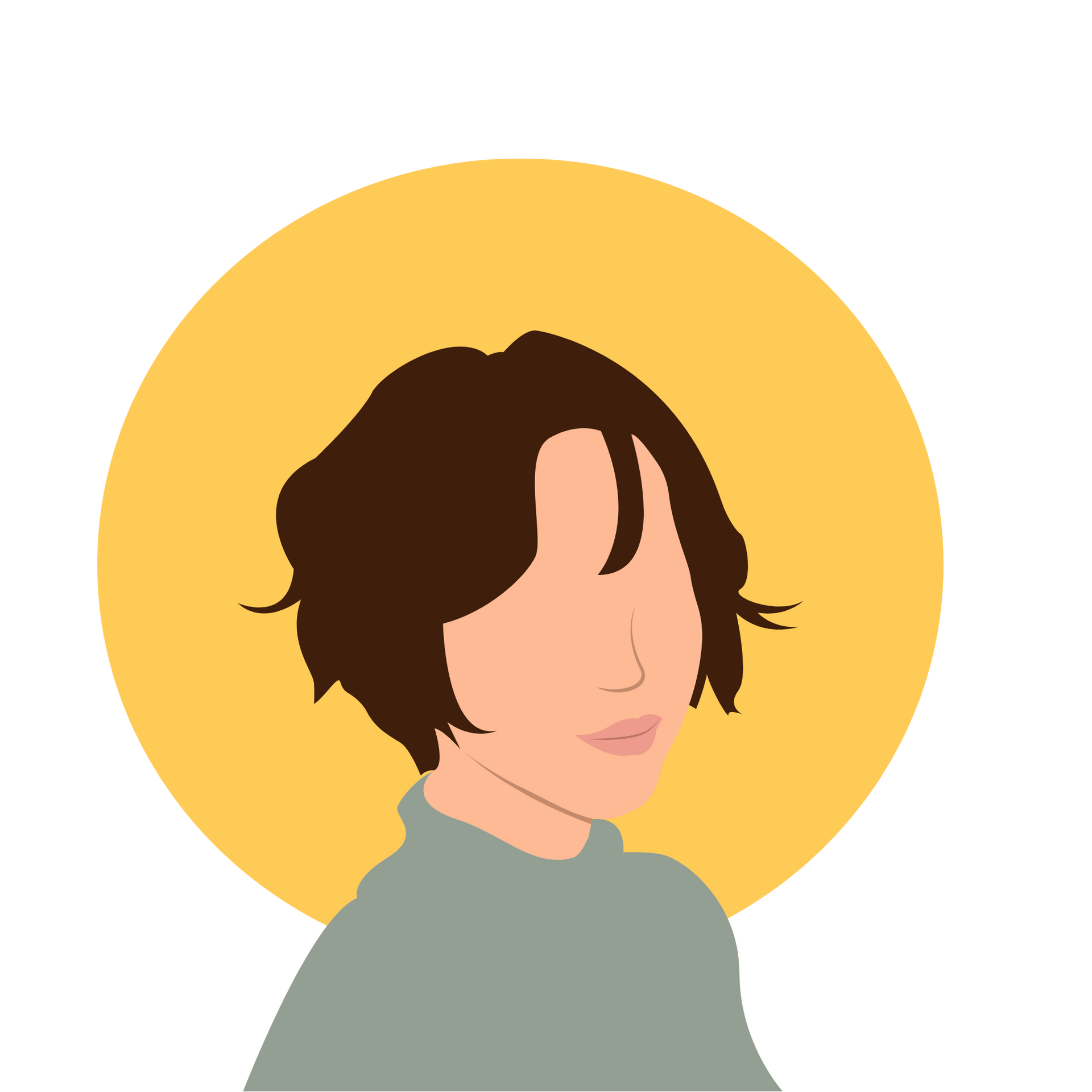 Illustration d'une personne aux cheveux courts et foncés sur fond de cercle jaune.