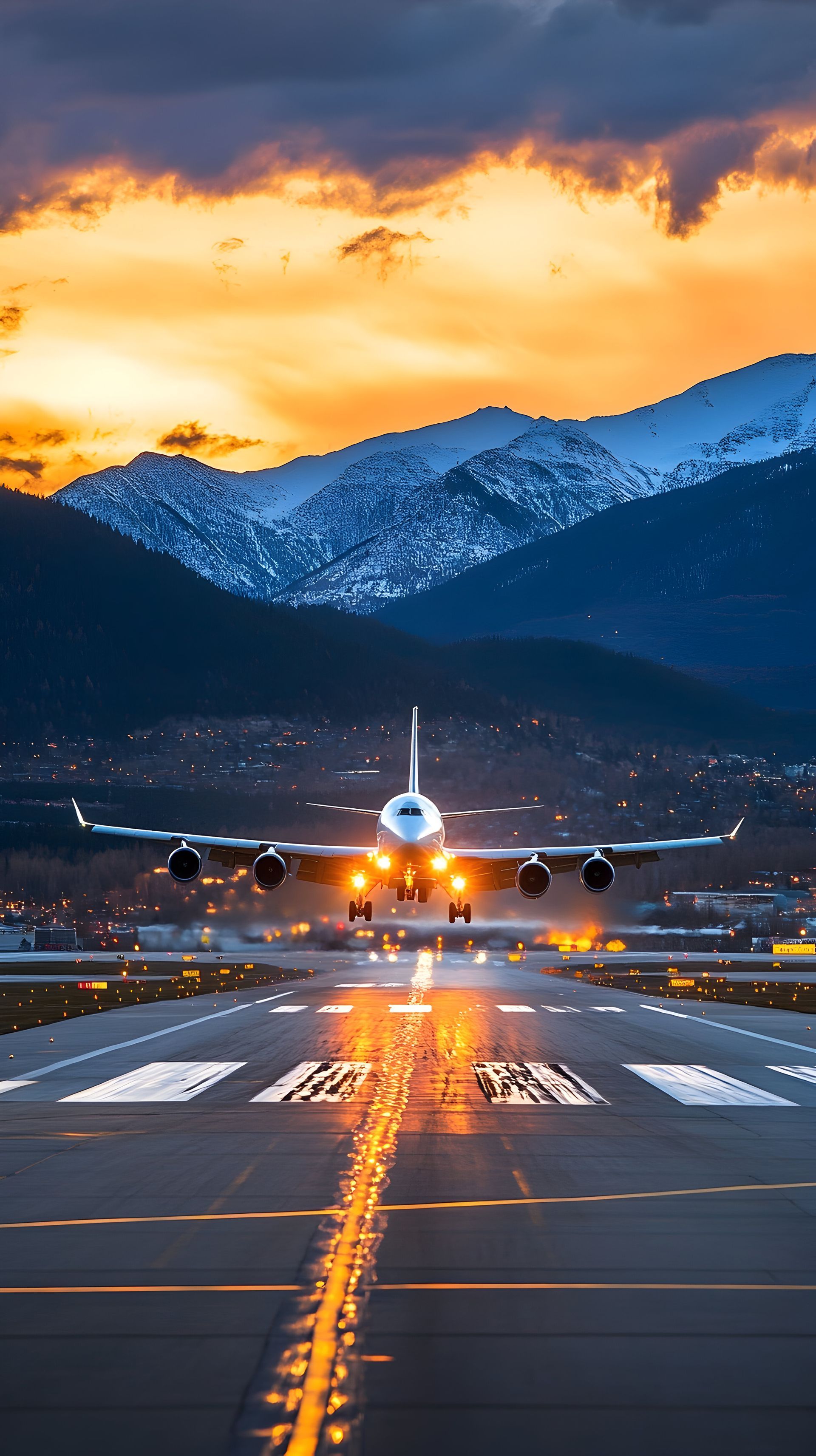Un avion de ligne atterrit sur une piste au coucher du soleil, avec des lumières scintillantes.