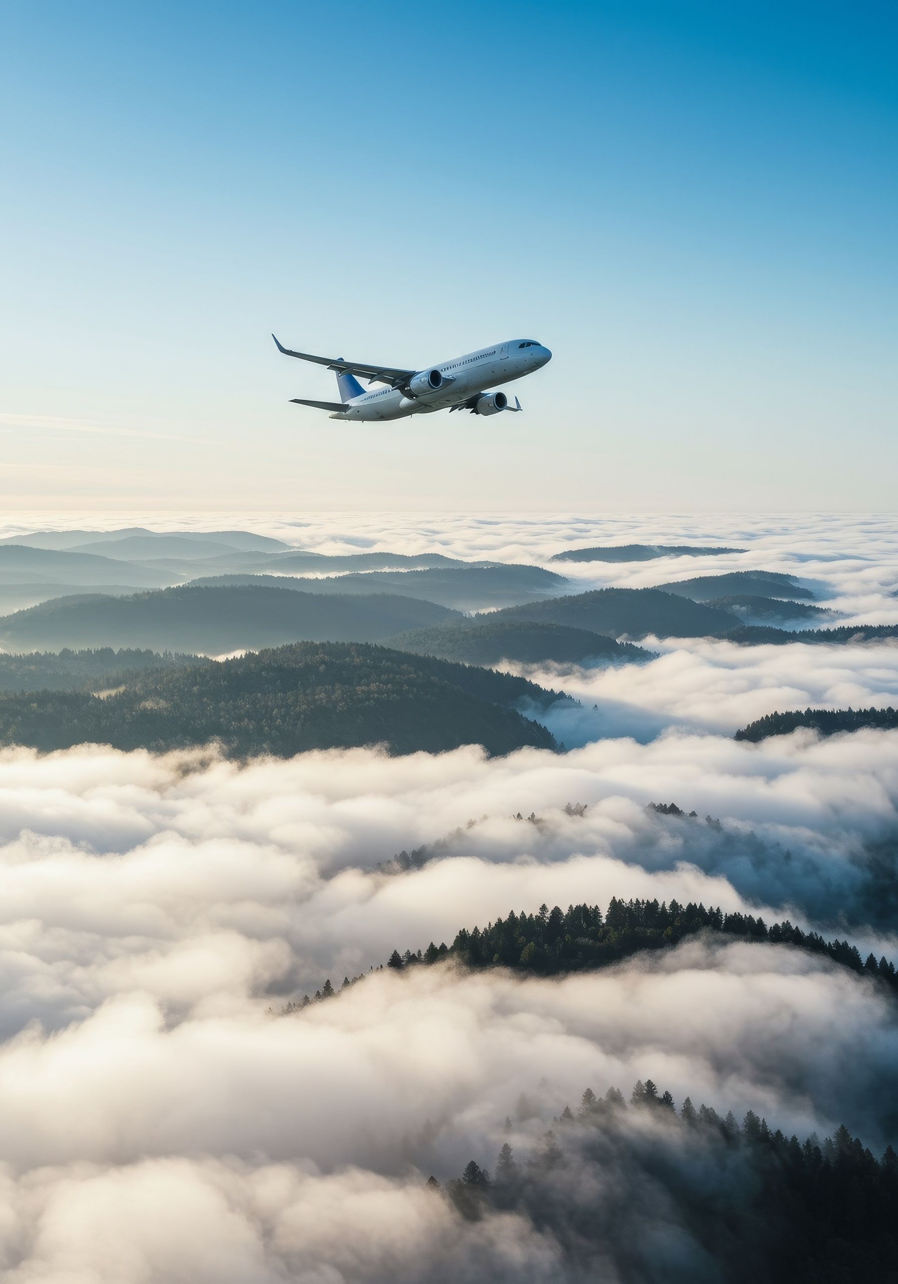 Avion survolant les nuages au-dessus des montagnes boisées au lever du soleil.