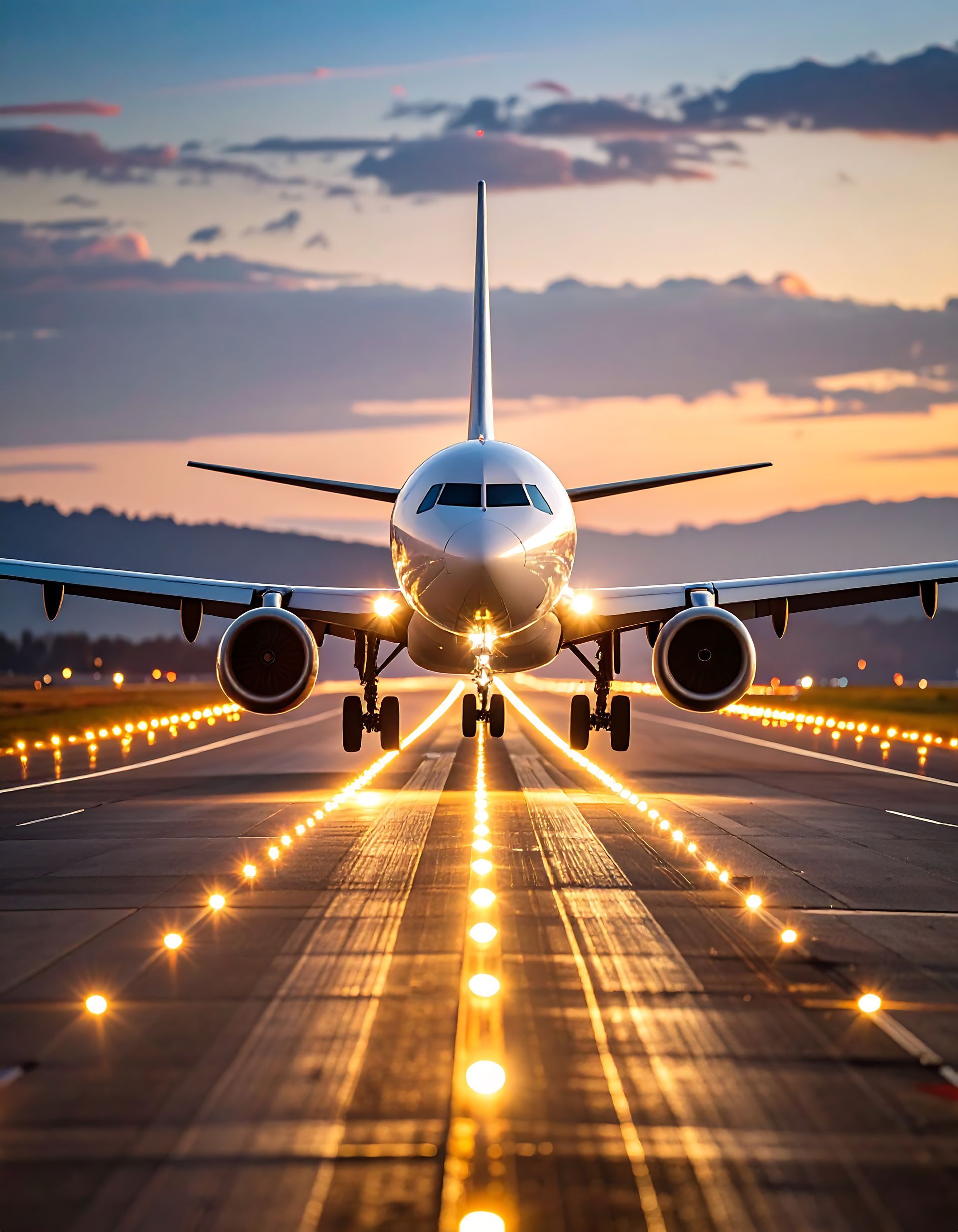 Un avion atterrit sur une piste au crépuscule, des lumières brillent le long de l'axe central.