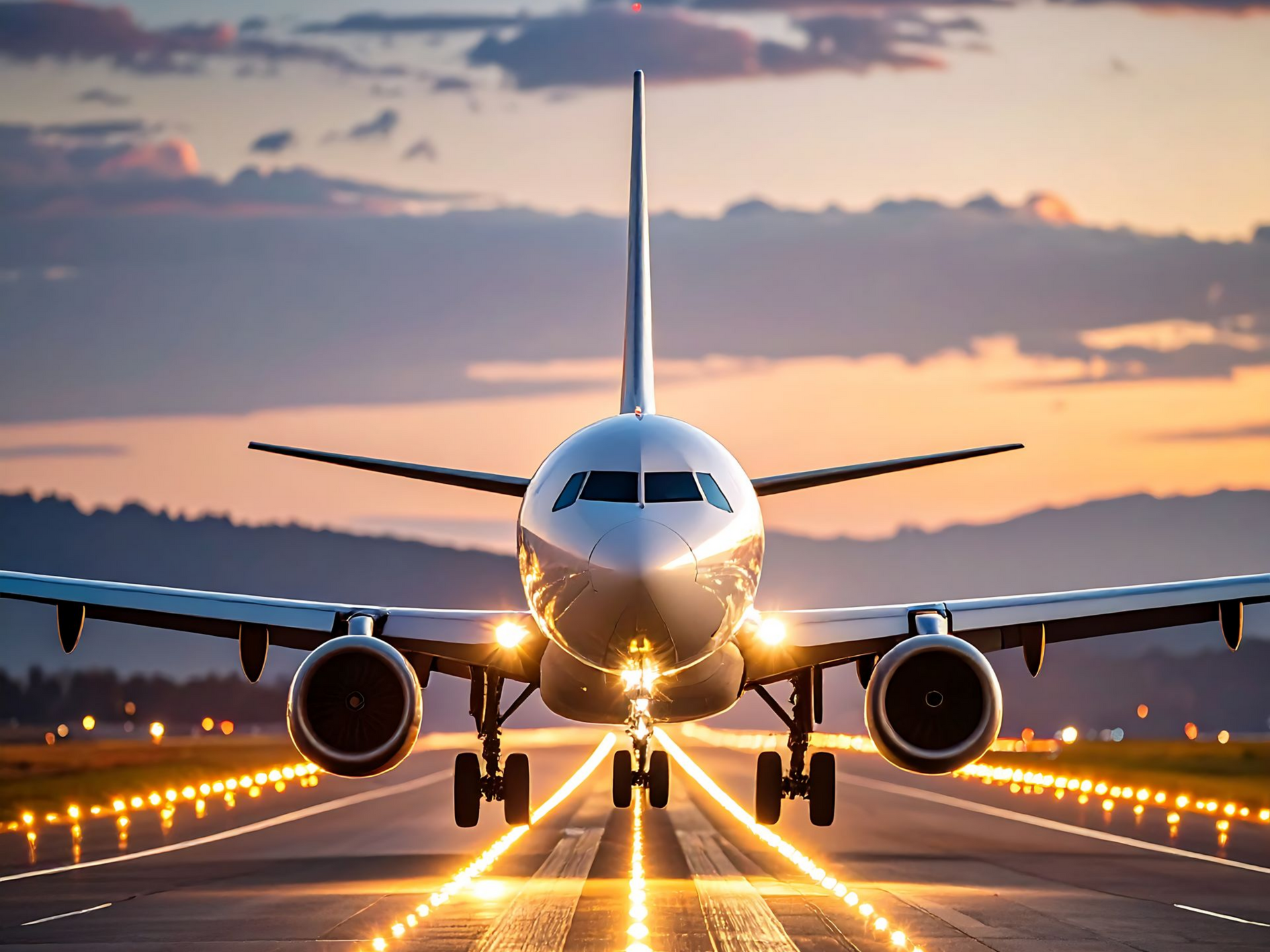 Avion roulant sur une piste au coucher du soleil, vu de face, lumières allumées.