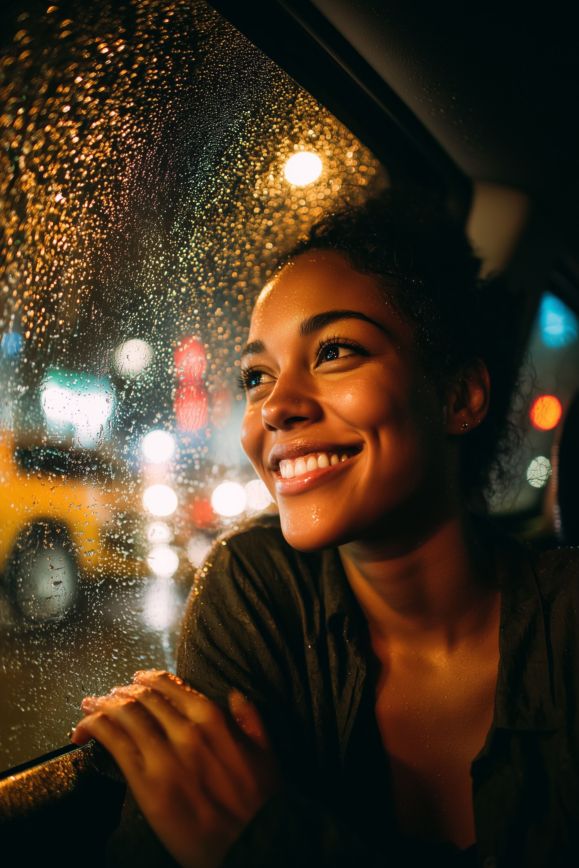 Une personne souriante regarde par la fenêtre d'une voiture sous la pluie, la nuit.