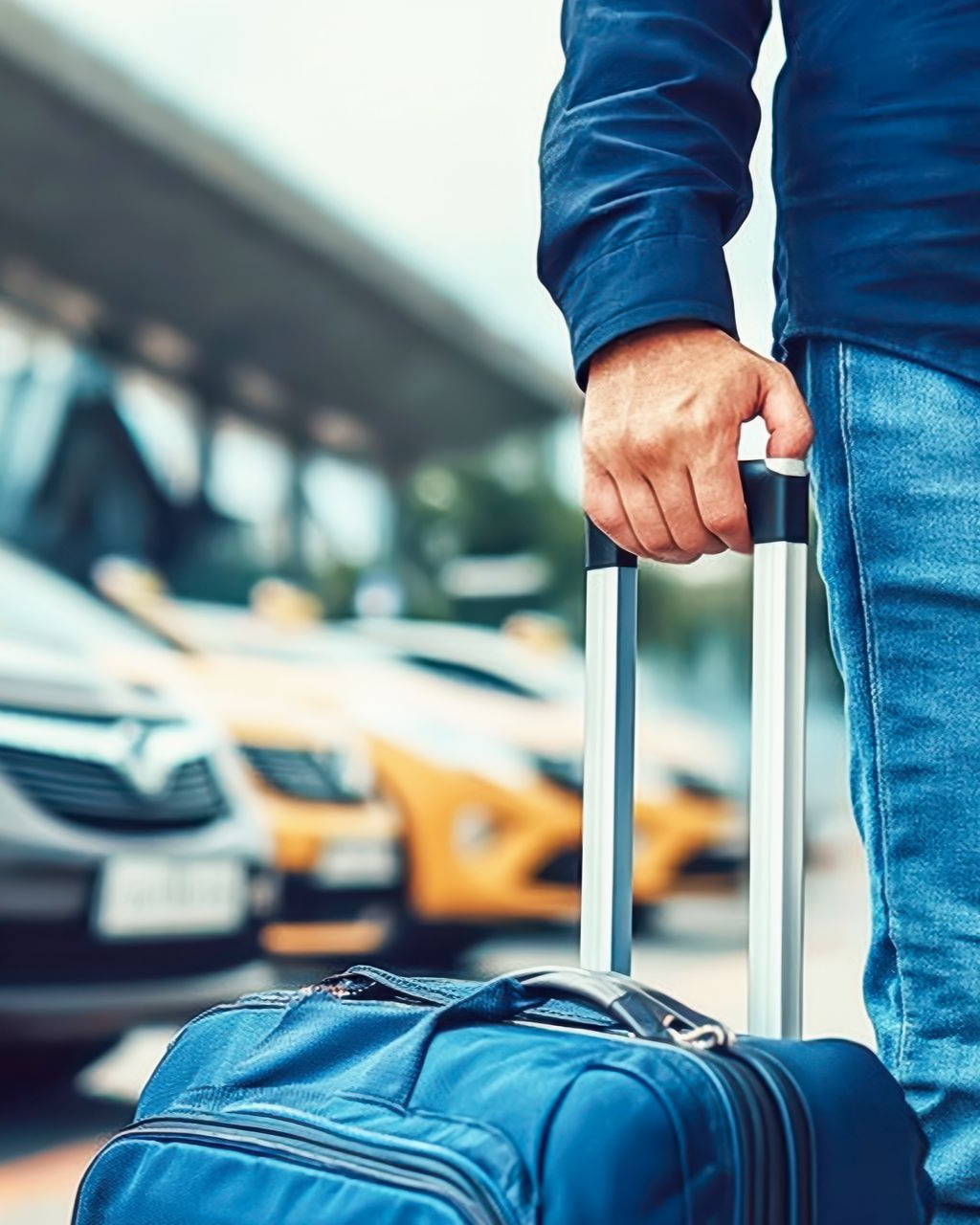 Un voyageur tire une valise bleue sur le trottoir d'un aéroport, avec des taxis flous en arrière-plan.