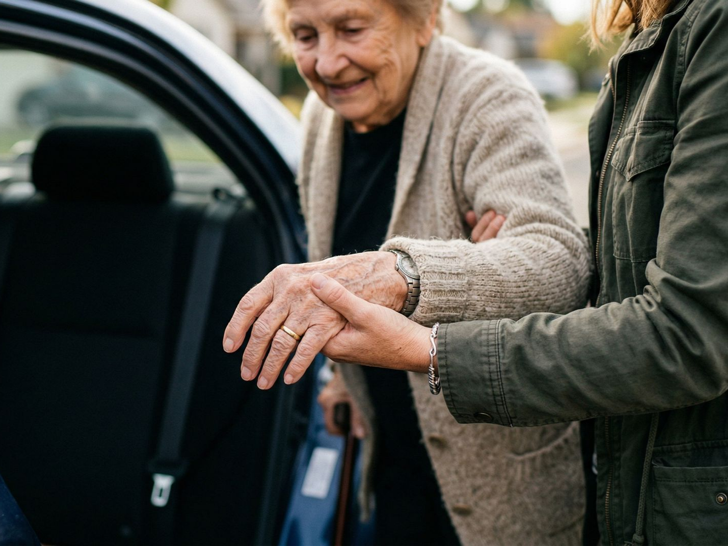 Une personne aide une personne âgée à monter dans une voiture, en lui tenant la main à la portière ouverte.