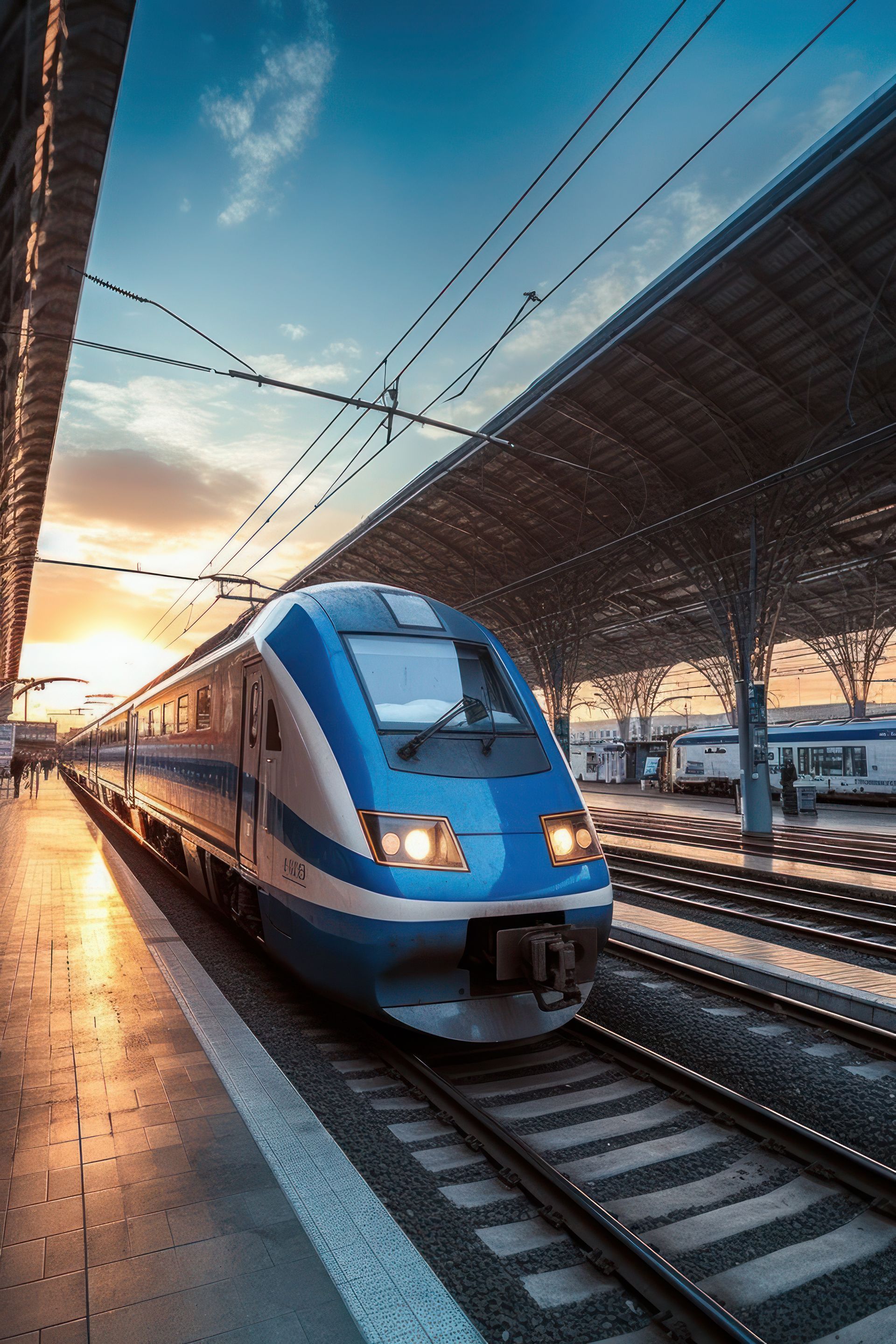 Un train de voyageurs bleu à quai au coucher du soleil.