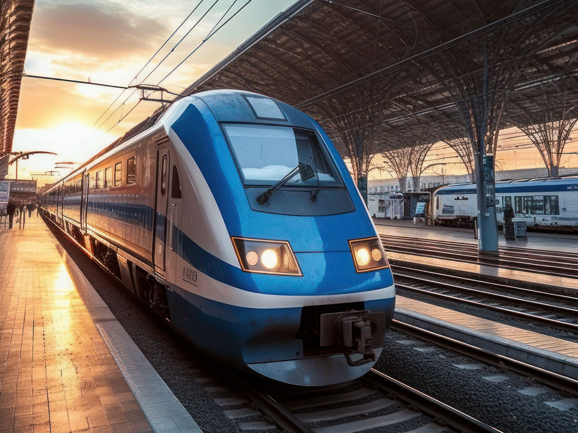 Train de voyageurs bleu et blanc sur le quai d'une gare baignée de soleil au coucher du soleil.
