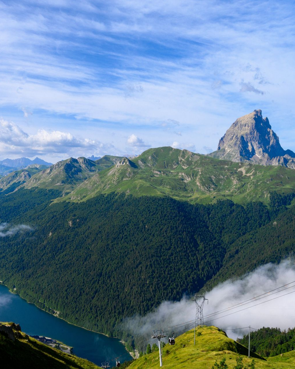 Paysage de montagne avec des pentes verdoyantes, un lac bleu et un pic déchiqueté sous un ciel nuageux.
