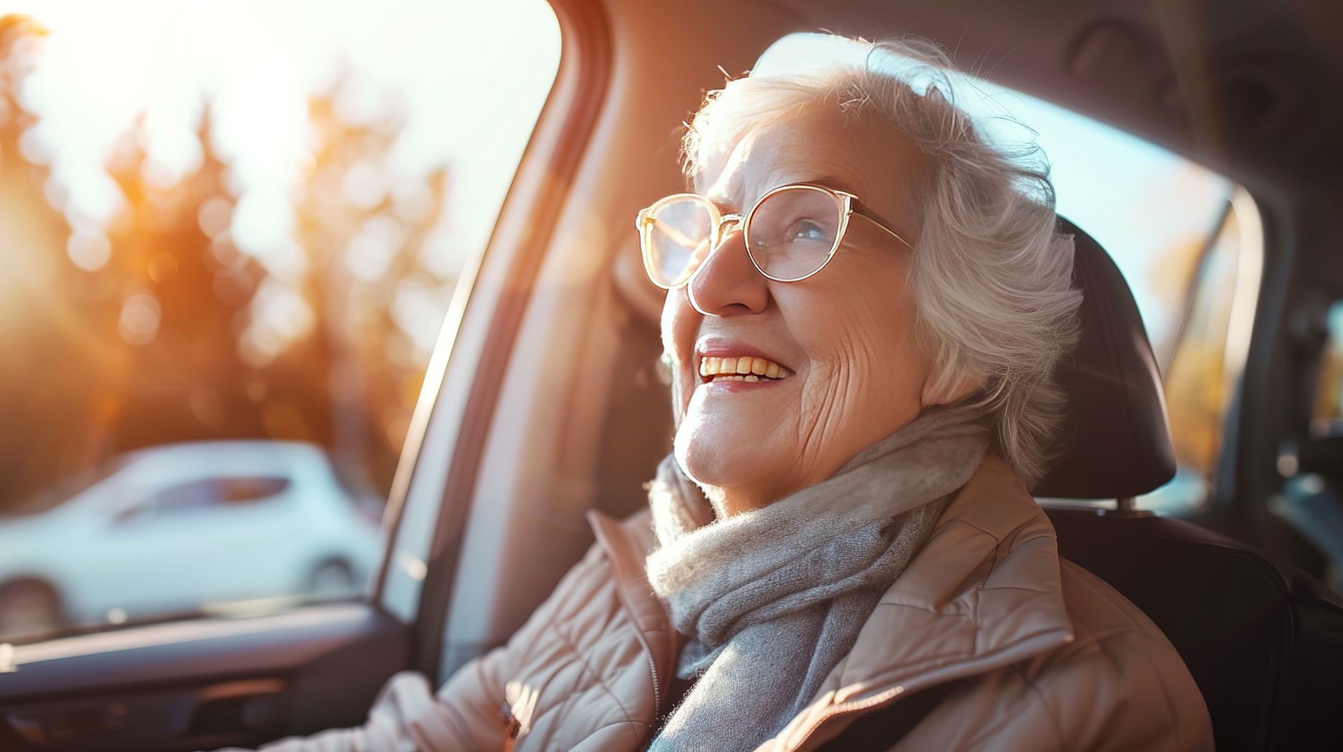 Une femme portant des lunettes et une écharpe, est assise dans une voiture.