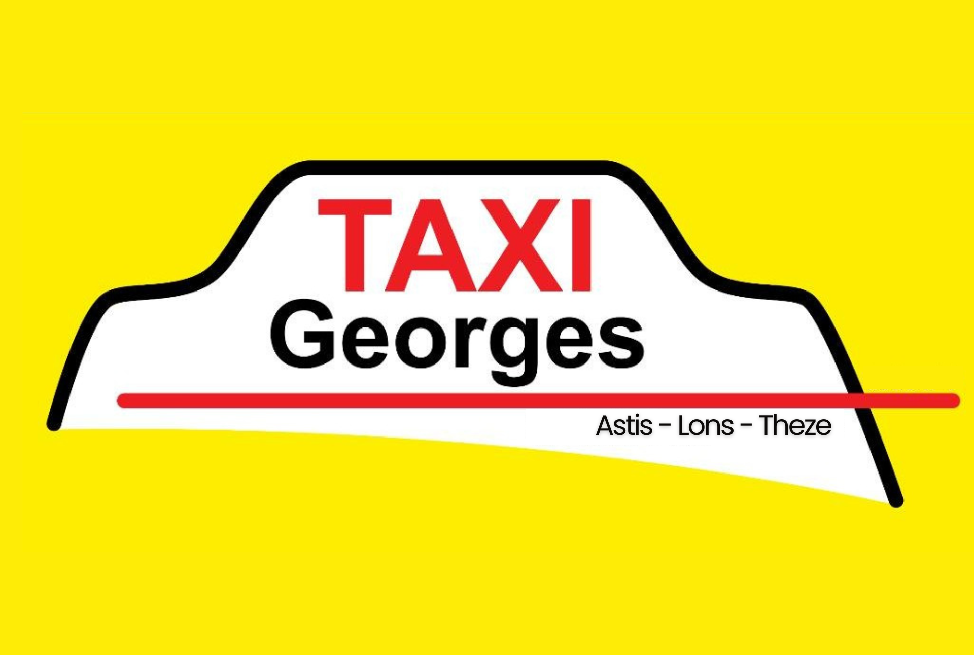 Logo de Taxi Georges sur fond jaune, contour de taxi blanc avec texte rouge et noir.