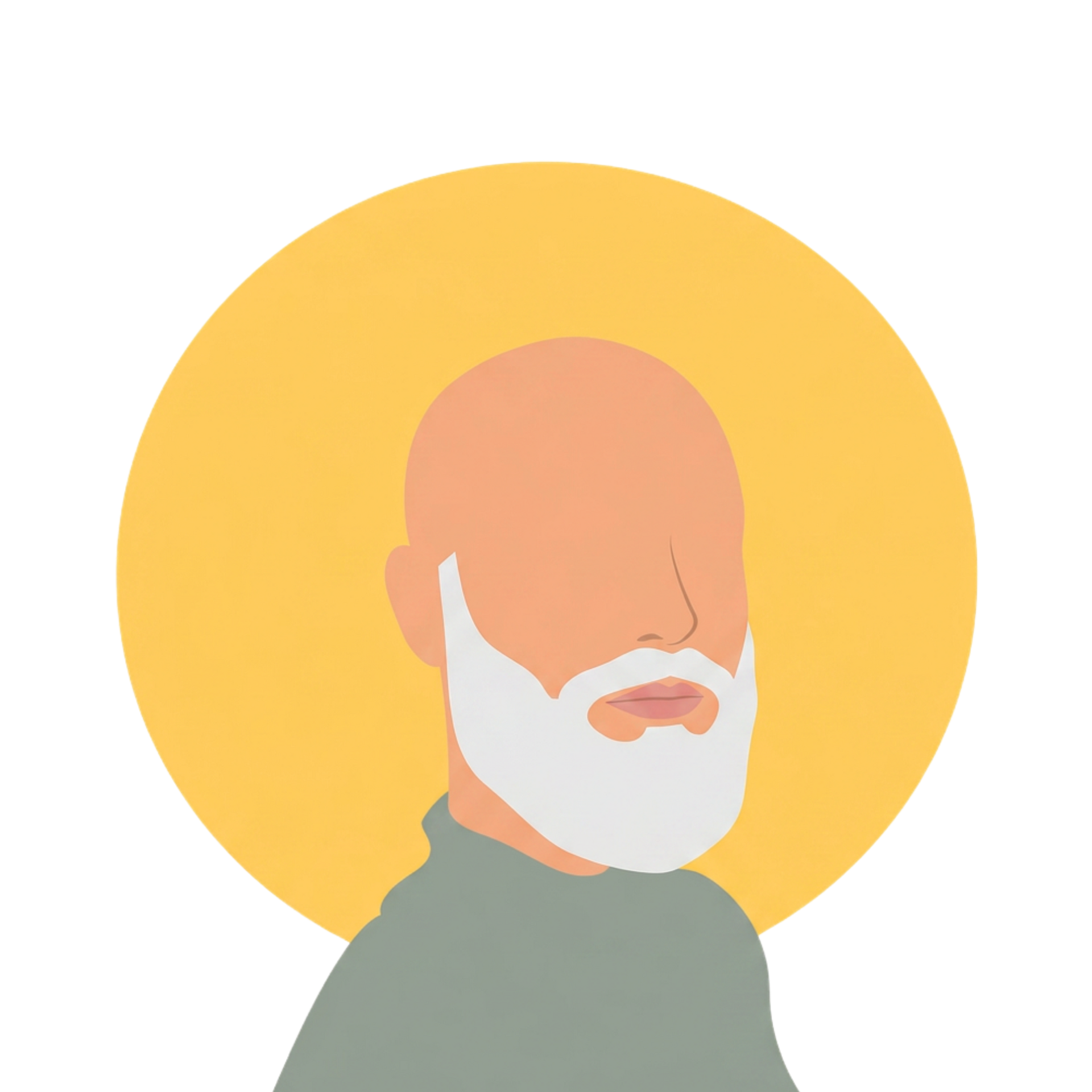 Portrait stylisé d'un homme chauve et barbu, vêtu d'un haut vert, sur fond de cercle jaune.