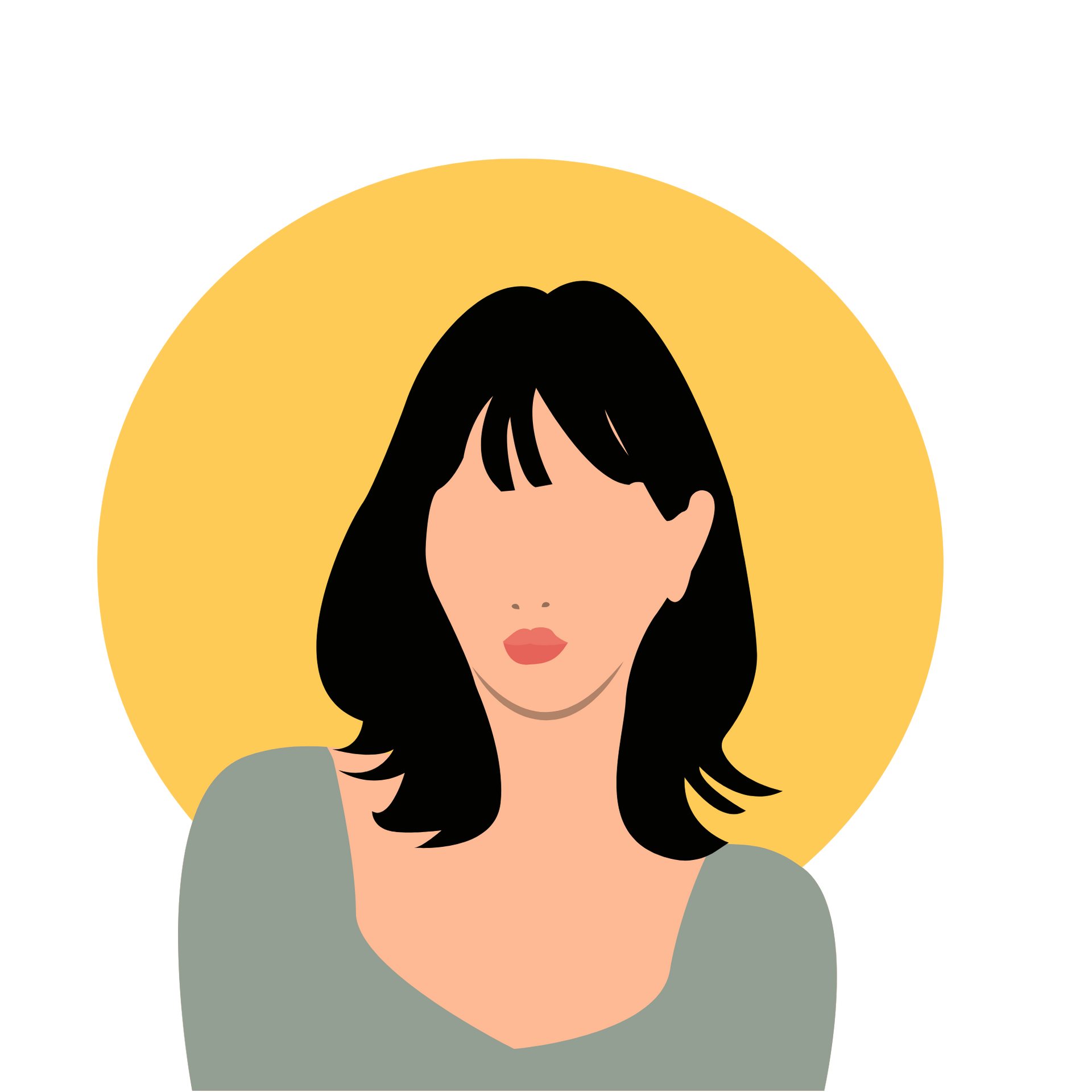Portrait stylisé avec cheveux noirs, visage couleur pêche et haut gris sur fond de cercle jaune.