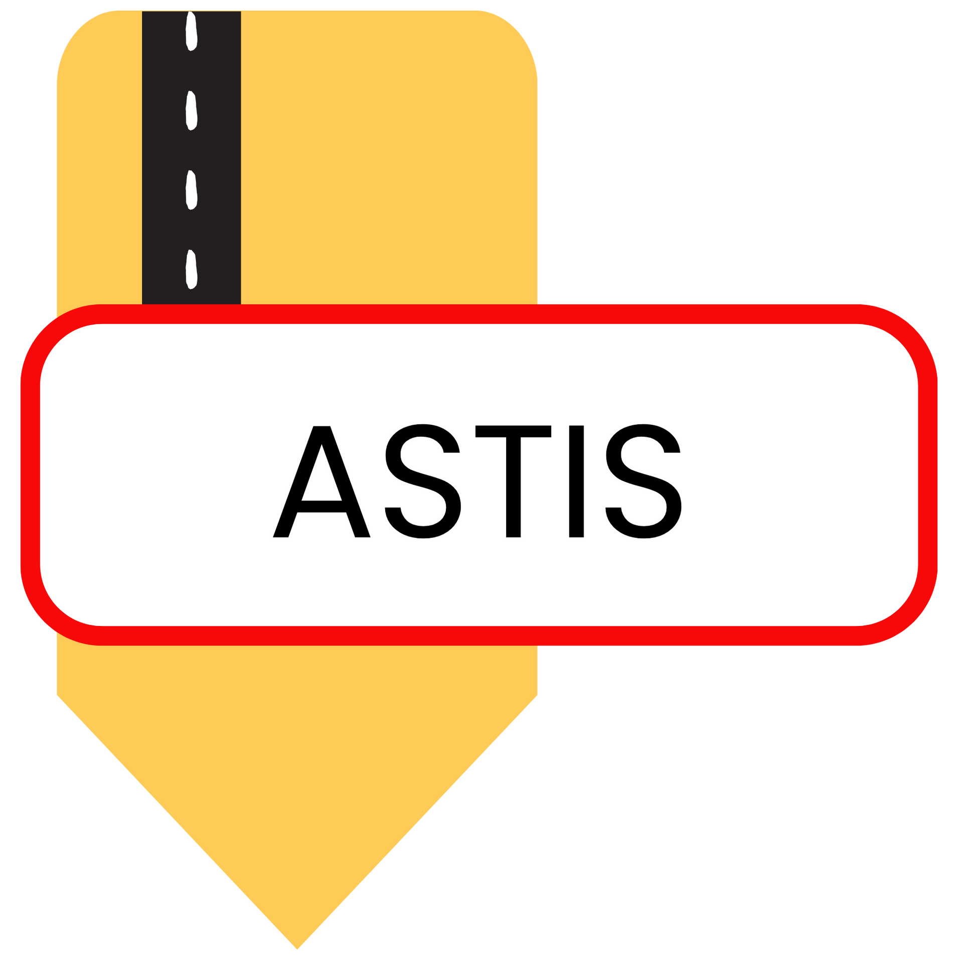 Étiquette ASTIS sur un panneau de signalisation jaune avec une bande verticale noire et des lignes blanches pointillées.
