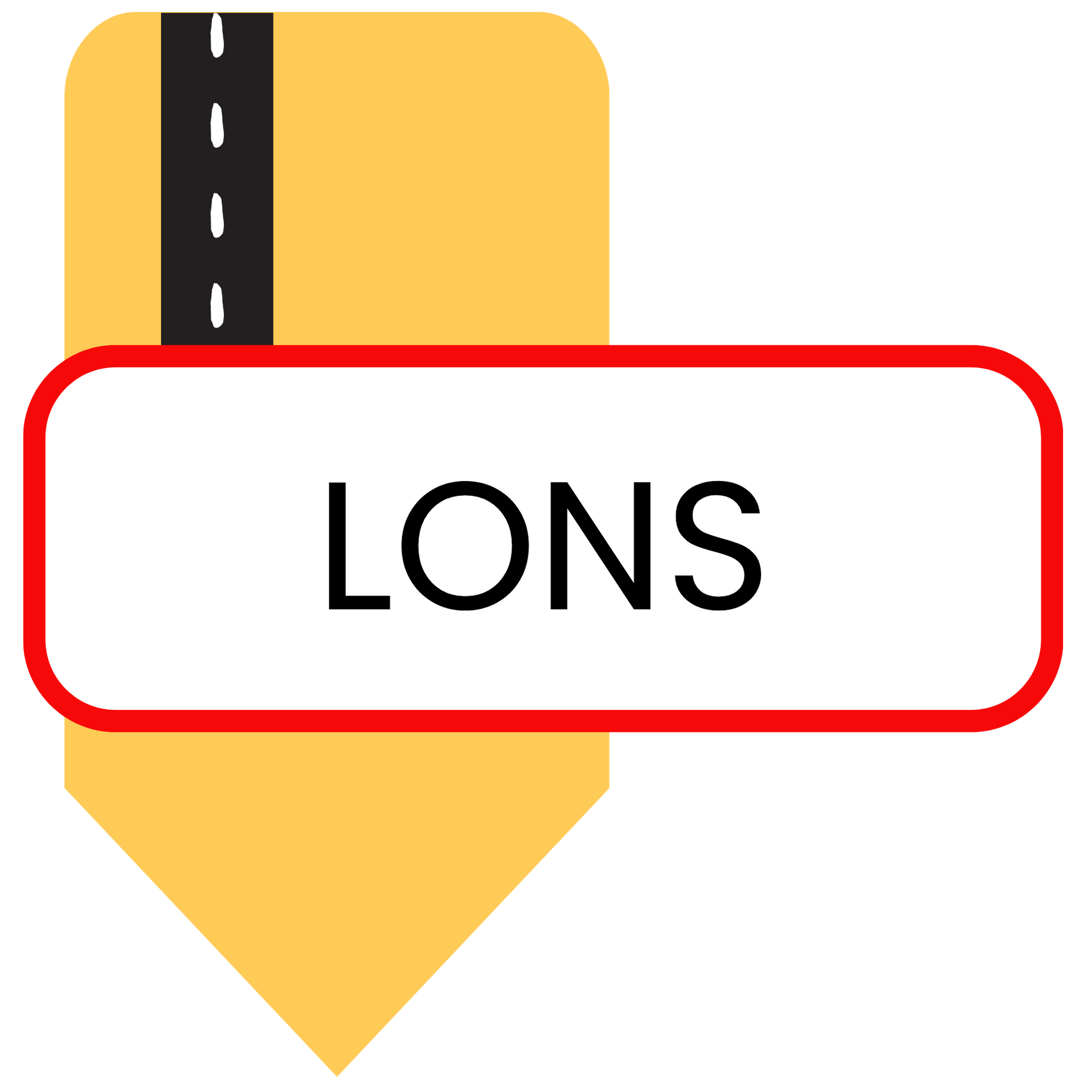 Icône de localisation jaune avec route noire et étiquette blanche LONS dans un cadre à contour rouge.