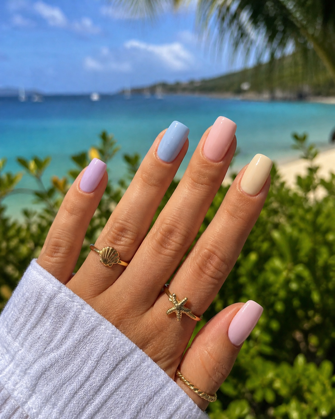 Des mains avec de longs ongles manucurés avec teintes pastel.