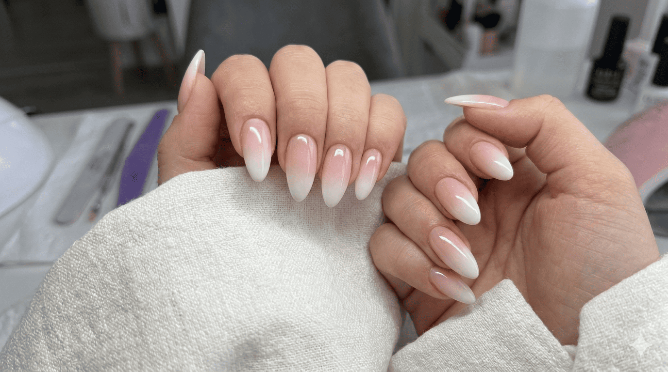 Deux mains manucurées aux longs ongles rose pâle reposent sur une couverture blanche.