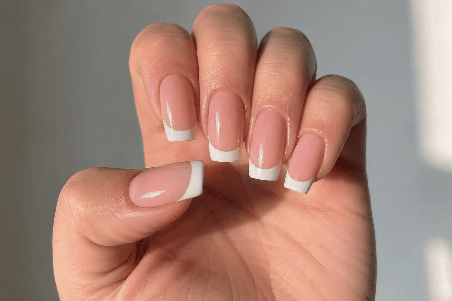 Main avec ongles manucurés, pointes blanches sur une base rose pâle.