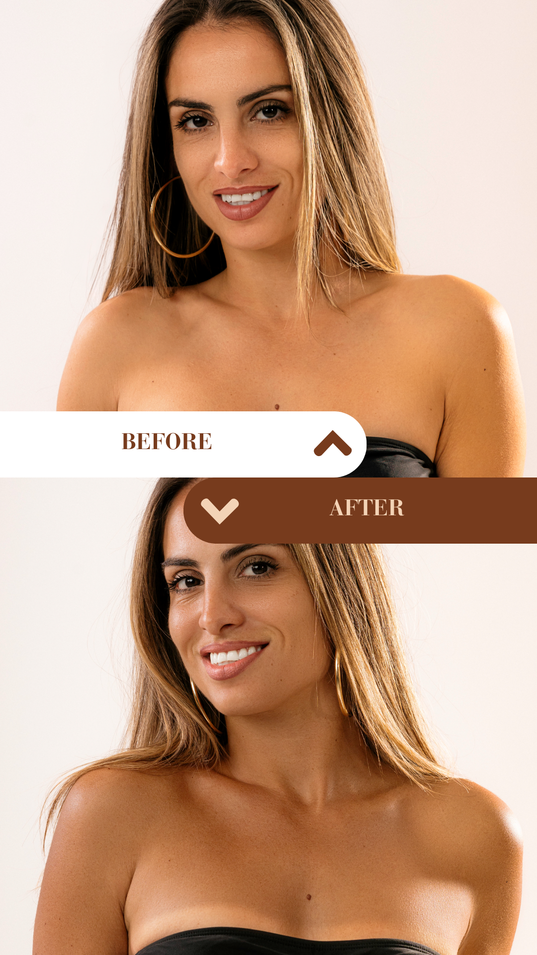 Comparaison avant-après d'une femme aux longs cheveux blonds sur fond blanc.