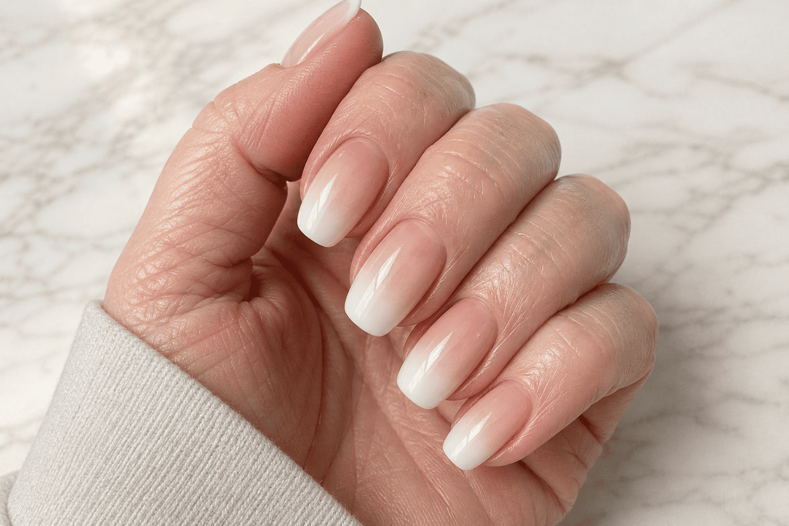 Main aux ongles vernis rose pâle brillant sur un fond en marbre clair.