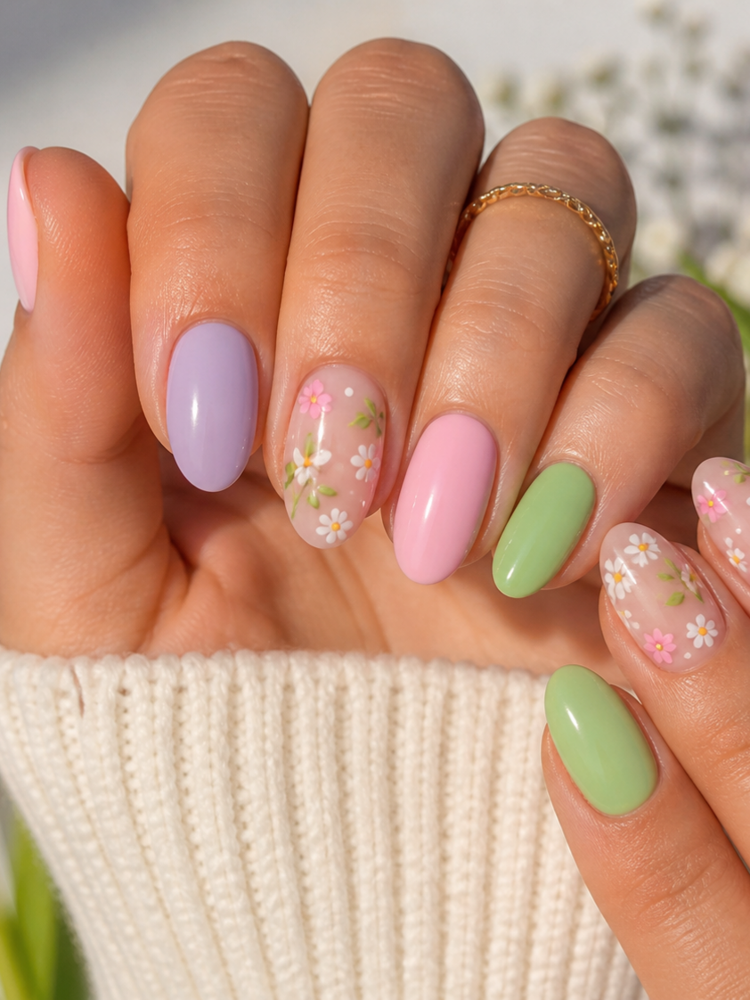 Main avec des ongles longs et manucurés décorés de motifs floraux et de couleurs pastel lavande, rose et vert.