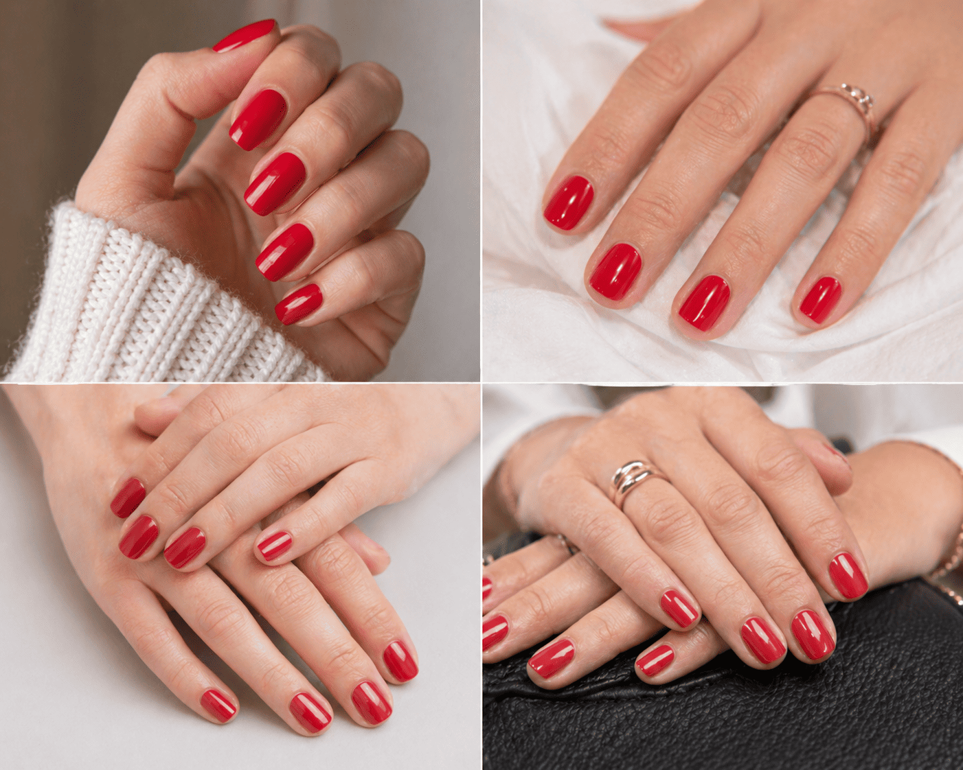 Mains aux ongles rouges brillants et manucurés, présentées dans différentes poses sur des fonds clairs.