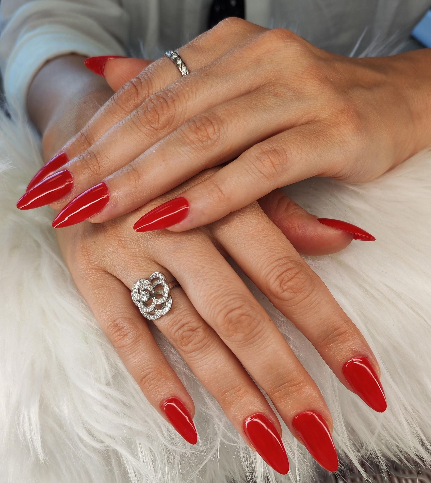 Des mains aux longs ongles rouges et aux bagues argentées reposent sur une surface de fourrure blanche.