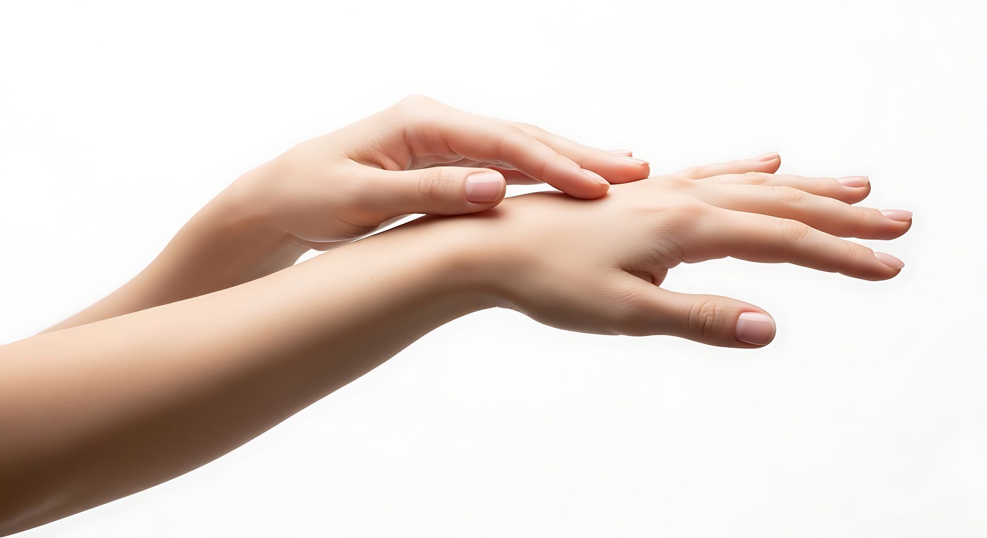 Deux mains aux ongles manucurés se touchant délicatement, isolées sur fond blanc.