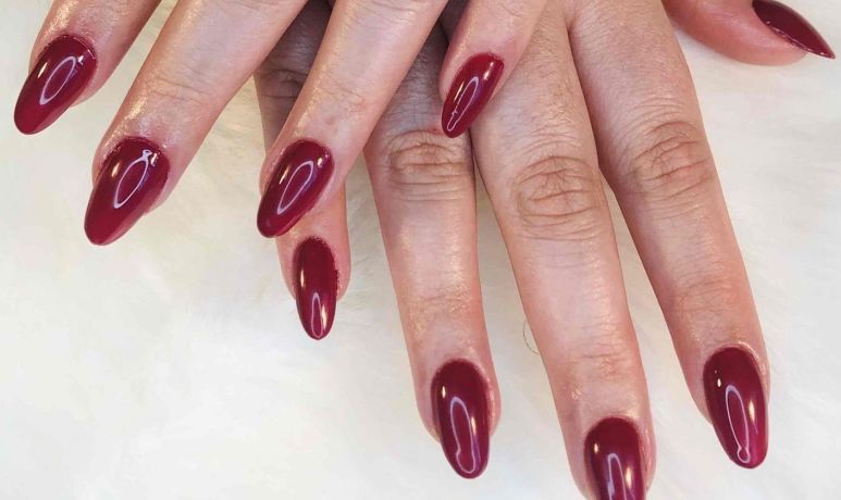 Mains aux longs ongles manucurés bordeaux sur fond blanc.