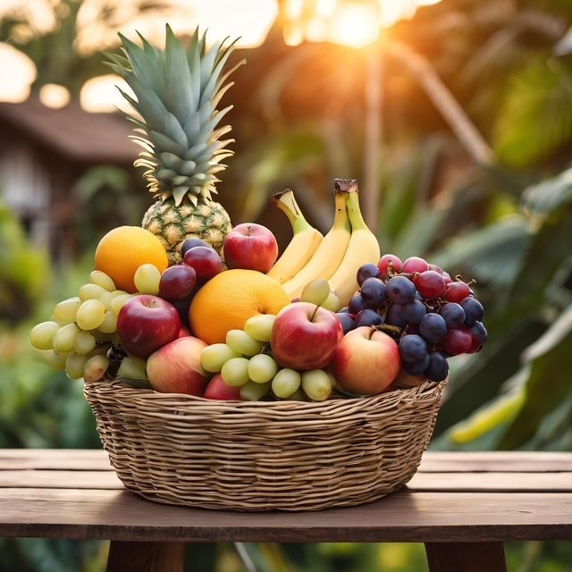 Panier de fruits variés, comprenant des raisins, des bananes, des ananas et des pommes, sur une table en bois à l'extérieur au coucher du soleil