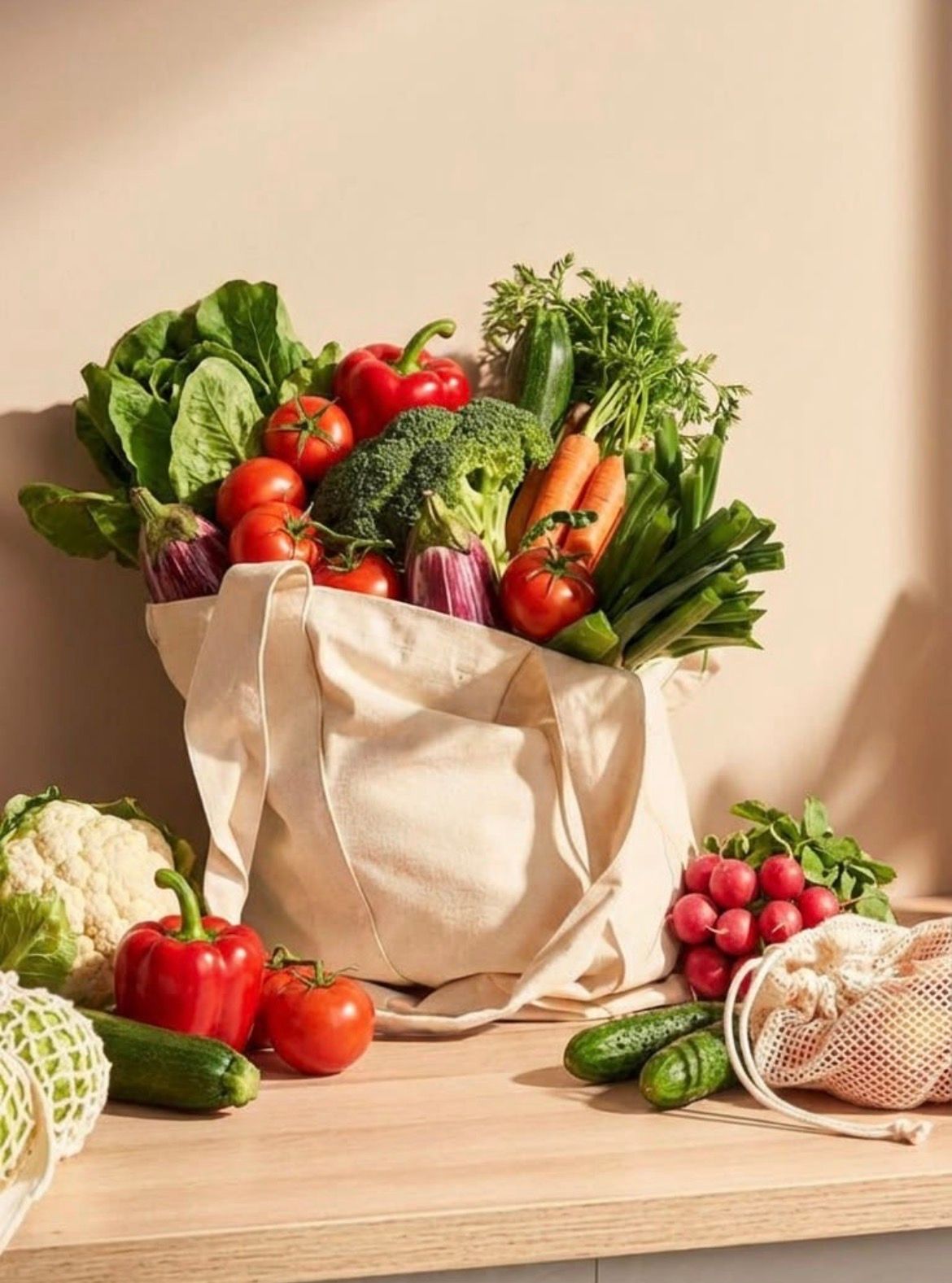 Sac à provisions réutilisable rempli de légumes frais et d'herbes aromatiques sur une table en bois