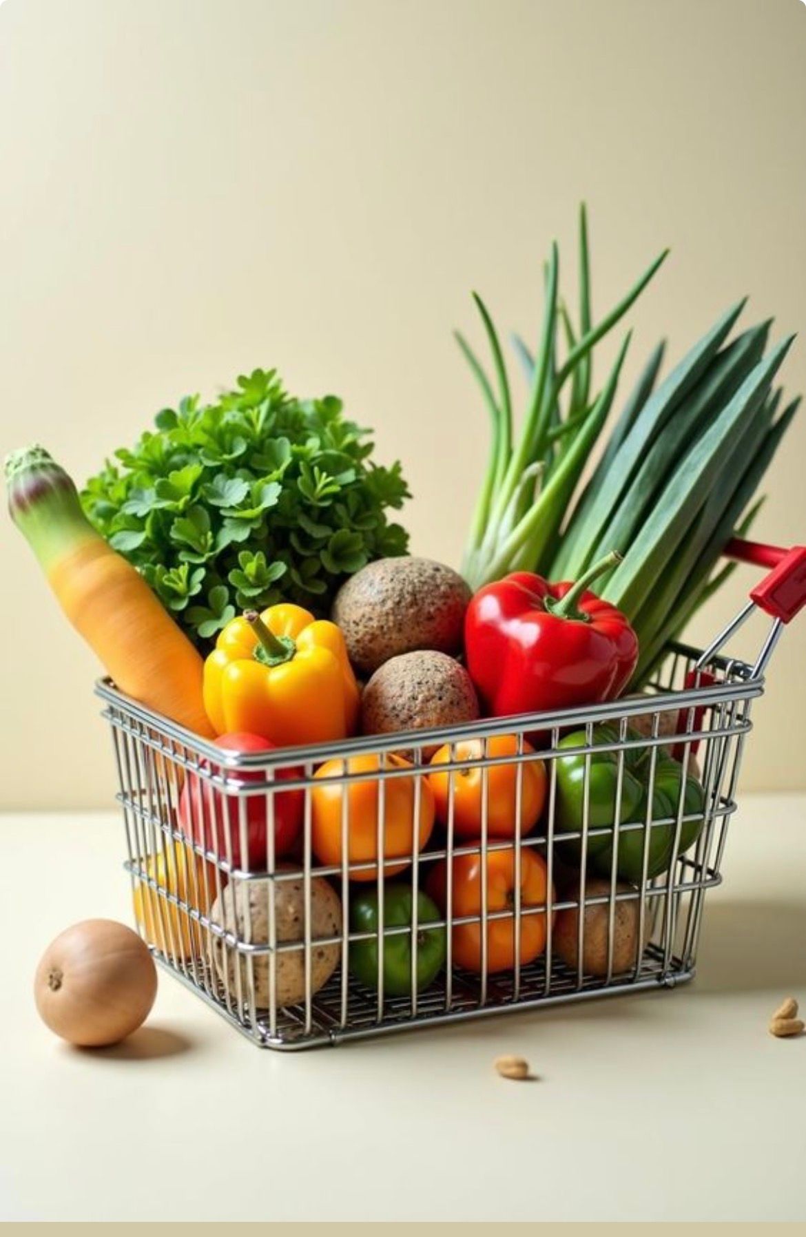 Panier métallique rempli de légumes et de fruits frais variés sur une surface blanche