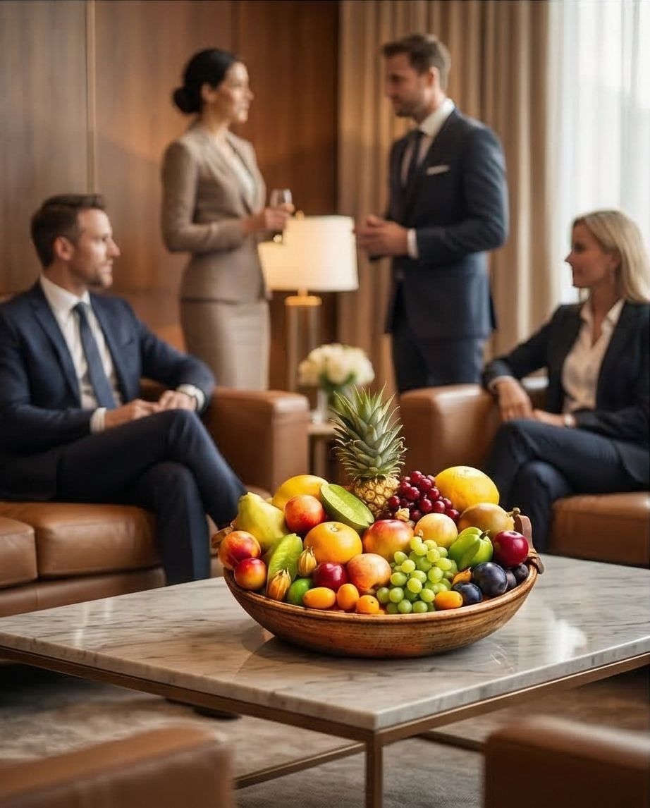Réunion d'affaires dans un salon avec quatre personnes et une corbeille de fruits sur une table basse