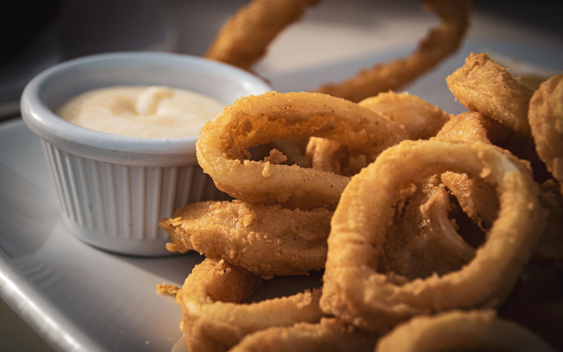 Un plato blanco cubierto con aros de cebolla fritos y un tazón pequeño de salsa para mojar.