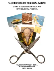 Cartel para un taller de collage con Louna Garand. Tijeras con imágenes de un tren, personas y un retrato.