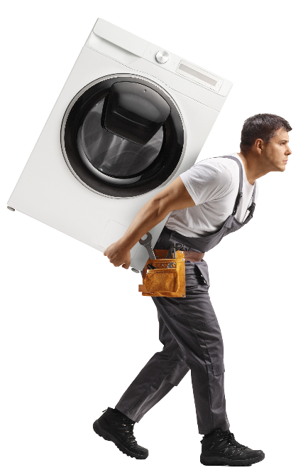 Un homme avec une machine à laver sur le dos