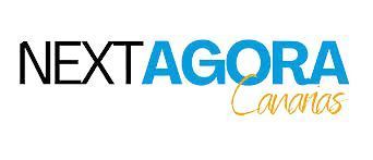 Logotipo para NextAgora Canarias, texto azul y negro, letra